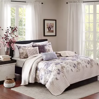 image of Taupe Luna 6 Piece Printed Quilt Set with Throw Pillows King/Cal King with sku:mp13-2123-olliix