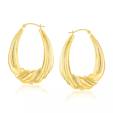 14k Yellow Gold Graduated Textured Oval Hoop Earrings