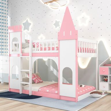 image of Nestfair Twin Over Twin Castle Bunk Bed with Ladder - Pink with sku:6zfnxekyplnlqsfl_sqtjqstd8mu7mbs--ovr