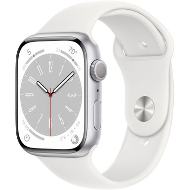 image of Apple Watch Series 8 (GPS) 45mm Aluminum Case with White Sport Band - M/L - Silver with sku:bb21207655-6340265-bestbuy-apple
