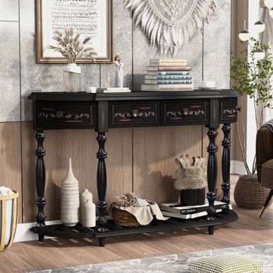 image of Nestfair 52 in. Modern Curved Console Table with Drawers and Shelf - Black with sku:ofokhwyem59pqbtpvr9noastd8mu7mbs--ovr