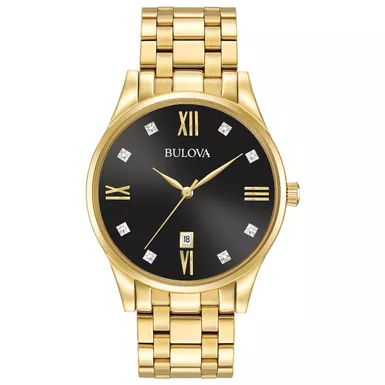 image of Bulova - Mens Diamond Gold-Tone Stainless Steel Watch Black Dial with sku:97d108-powersales