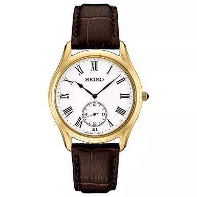 image of Seiko - Mens Essentials Brown Leather Strap Watch White Dial with sku:srk050-powersales