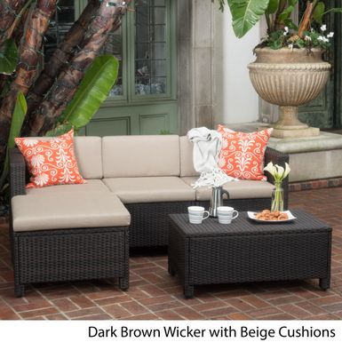 image of Outdoor Puerta PE Wicker L-shaped Sectional 5-piece Sofa Set with Cushions by Christopher Knight Home - Brown Wicker with Beige Cushions with sku:6jcag8e8qqdh6dhseshlpgstd8mu7mbs--ovr