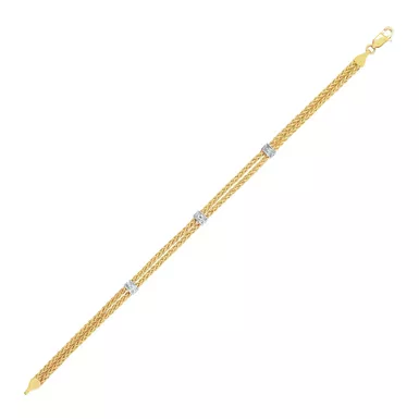 image of 14k Two Tone Gold Dual Wheat Chain Bracelet with Diamond Stations (.02 cttw) (7.25 Inch) with sku:d137477-7.25-rcj