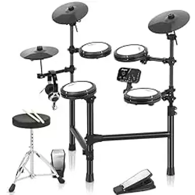 image of Electric Drum Set, Electronic Drum Set for Beginner with 150 Sounds, Drum Set for kids with 4 Quiet Electric Drum Pads, 2 Switch Pedal, Drum Throne, Drumsticks, On-Ear Headphones with sku:b0cx4zr5xn-amazon