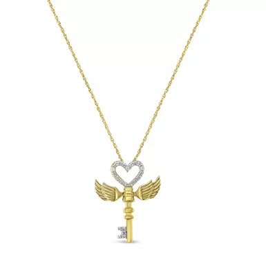 Yellow Plated Sterling Silver 1/25ct TDW Round Diamond Winged Heart-key Pendant Necklace (H-I,I2)