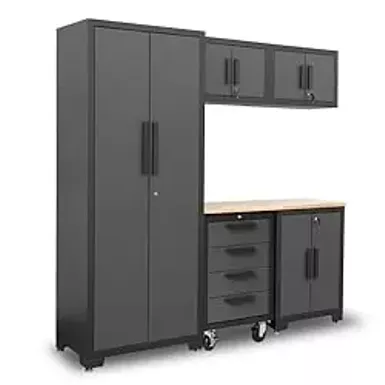 image of Torin 6 Piece Set with Lockers, Shelves and Wood Worktop, Black/Grey Garage Storage System with sku:b0ctc7dcgw-amazon