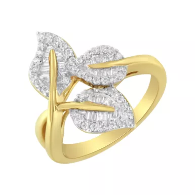 18K Yellow Gold Plated .925 Sterling Silver 1/2 Cttw Baguette and Round Diamond Bypass Triple Leaf Ring (I-J Color, I1-I2 Clarity) Choice of size