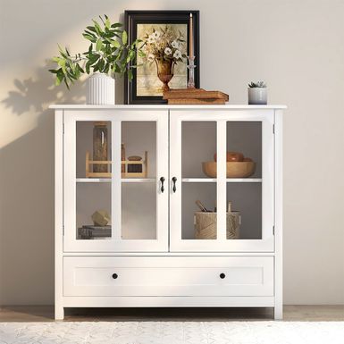 image of Merax Buffet Storage Cabinet with Double Glass Doors and Unique Bell Handle - White with sku:a3jdnkecjxurc2p_zcmjkastd8mu7mbs-overstock