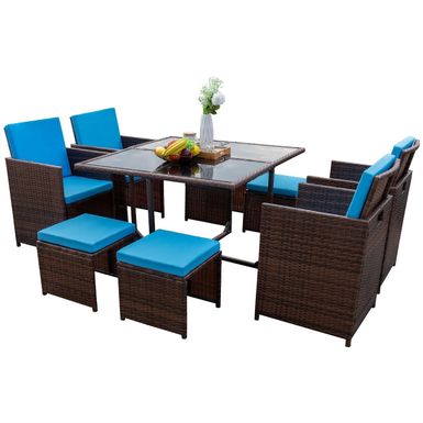 Homall 9 Pieces Patio Dining Sets Outdoor Space Saving Rattan Chairs with Glass Table Sectional Conversation Set with Cushions - Red