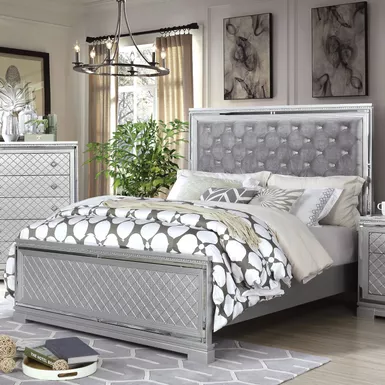 Glam Silver Queen Button-Tufted Padded Bed