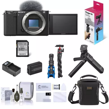 Sony ZV-E10 Mirrorless Camera Body, Black Bundle with ACCVC1 Vlogger Accessory Kit , Shoulder Bag, Screen Protector, Microphone, Tripod, Battery, Charger, Cleaning Kit