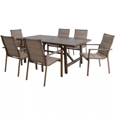 image of Fairhope 7pc Dining Set: 6 Padded Sling Chairs and 74"x40" Trestle Table with sku:fairdn7pc-tan-almo