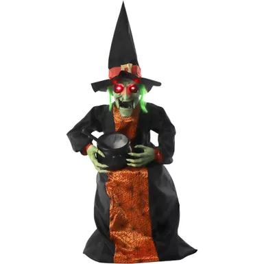 Animatronic Sitting Talking Witch with Moving Mouth and Light-Up Mini Cauldron for Halloween Decoration