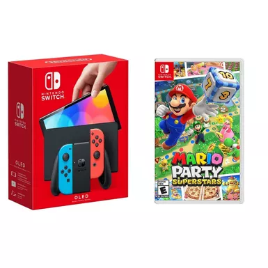image of Nintendo - Switch OLED Neon (Red/Blue) + Mario Party Superstars BUNDLE with sku:nswolnesps-floridastategames