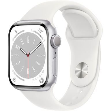 image of Apple Watch Series 8 GPS 41mm Silver Aluminum Case with White Sport Band - M/L - White with sku:bb21207284-6340262-bestbuy-apple