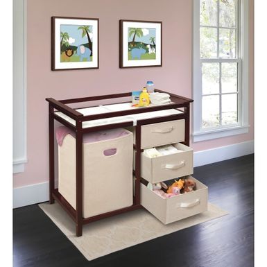 image of Modern Baby Changing Table with Hamper and 3 Baskets - Cherry/Ecru Baskets with sku:fpn7zsfhydehqn8acdpzkqstd8mu7mbs-overstock