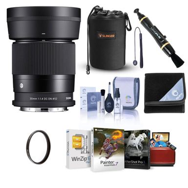 Sigma 30mm f/1.4 DC DN Contemporary Lens for Leica L - Bundle With 52mm UV Filter, Neoprene Lens Pouch, Lens Wrap, LensPen Lens Cleaner, Capleash, Cleaning Kit, Mac Software Package