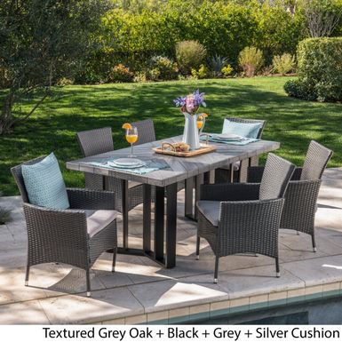 image of Taylor Outdoor 7 Piece Wicker Dining Set with Textured Dining Table by Christopher Knight Home - 7 piece textured grey oak + black + grey - 7-Piece Sets with sku:5xqrtuthht0iz5dowl4s1astd8mu7mbs-overstock