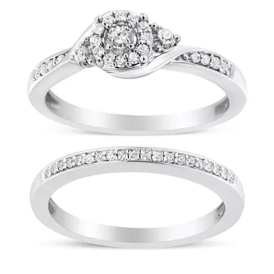 .925 Sterling Silver 1/4 Cttw Diamond Halo and Swirl Engagement Ring and Wedding Band Set (I-J Color, I3 Clarity)- Ring Size 9