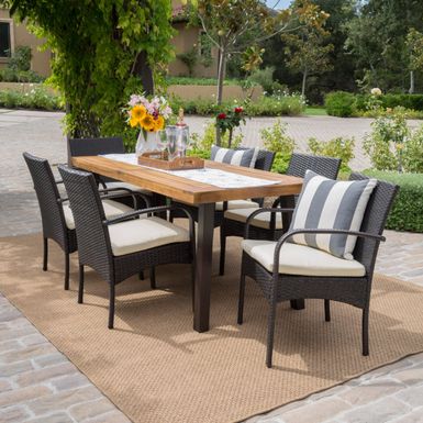 image of Bavaro Outdoor 7-piece Rectangle Dining Set with Cushions by Christopher Knight Home - Brown with sku:v1mcepfabjaqu4sckz6pgwstd8mu7mbs-chr-ov