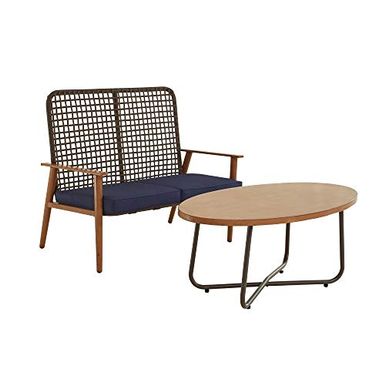 image of LOKATSE HOME Outdoor 2 Pcs Patio Loveseat Wood with Coffee Table Bistro Cushioned Outside Bench Wicker for Garden Poolside Balcony, Blue with sku:b091szyy5x-lok-amz