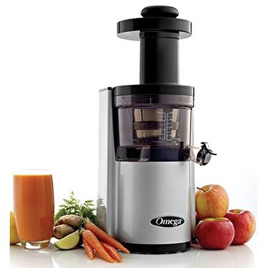 image of Omega Juicers VSJ843RS Vertical Slow Masticating Juicer Makes Continuous Fresh Fruit and Vegetable Juice at 43 Revolutions per Minute Features Compact Design Automatic Pulp Ejection, 150-Watt, Silver with sku:vsj843rs-electronicexpress