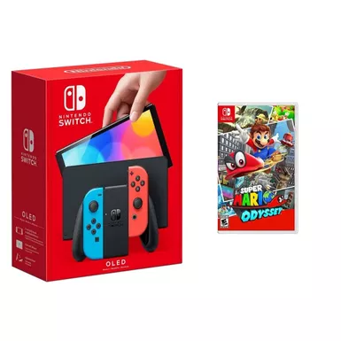 image of Nintendo - Switch OLED Neon (Red/Blue) + Super Mario Odyssey BUNDLE with sku:nswolnesmo-floridastategames