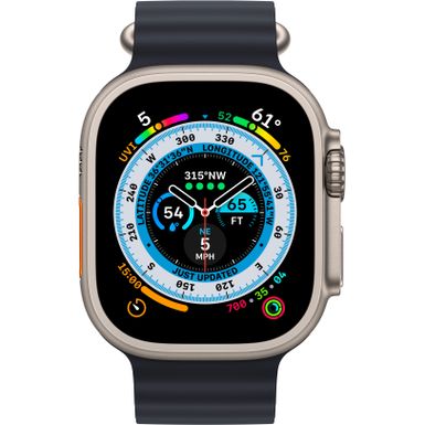 Angle Zoom. Apple Watch Ultra (GPS + Cellular) 49mm Titanium Case with Midnight Ocean Band - Titanium