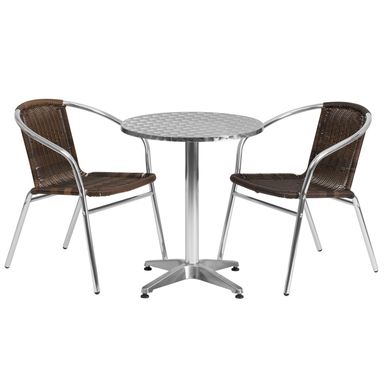 image of 23.5" Round Aluminum Indoor-Outdoor Table Set with 2 Dark Brown Rattan Chairs - 23.5"W x 23.5"D x 27.5"H - Aluminum with sku:r4yd6gbbvk3dhnkr_yjrqqstd8mu7mbs-overstock