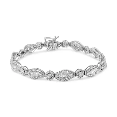 .925 Sterling Silver 1 cttw Diamond Double Leaf and Bezel Link Bracelet (I-J, I2-I3)