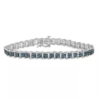 .925 Sterling Silver 2 ct TDW Treated Blue Diamond Fan-Shaped Nested Link 7" Tennis Bracelet (Blue Color, I3 Clarity)