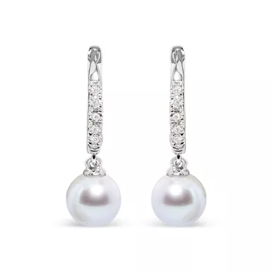 image of 10K White Gold 6x6 MM Cultured Freshwater Pearl and Diamond Accent Drop Huggy Earring (H-I Color, I1-I2 Clarity) with sku:021102eash-luxcom