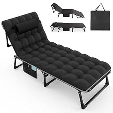 image of Slendor 3 in 1 Folding Camping Cot Bed, 5 Positions Adjustable Patio Chaise Lounge Chair, Portable Sleeping Cots for Adults with Storage Bag for Bedroom, Pool, Patio, Black Cot + Black/Gray Pad with sku:b0cgx3t96p-amazon