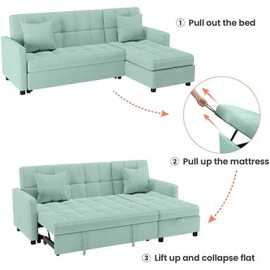 Reversible Sectional Sofa Sleeper, 82'' Wide Sectional Couch Pull-Out Sofa Bed with Storage Chaise - Green