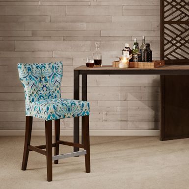 image of Nova Counter Stool with Tufted Back, Multi-hued Printed Blue Fabric with sku:fpf20-0402-olliix