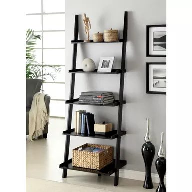image of Transitional Wood 5-Shelf Ladder Shelf in Black with sku:idf-ac6213bk-foa