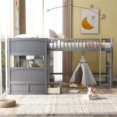 image of Twin size bunk bed with a loft bed attached, with two drawers - Grey with sku:1xzjnhpptv3mhfvzydwpsgstd8mu7mbs--ovr