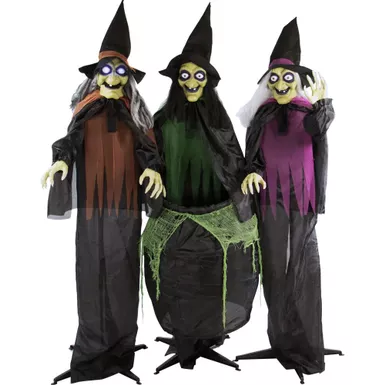 Animatronic 3 Witches with Cauldron, Indoor/Covered Outdoor Halloween Decoration with Light-up Eyes