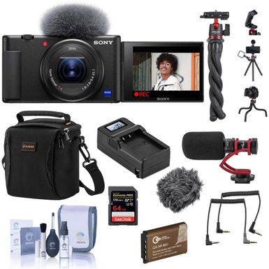 image of Sony ZV-1 Compact 4K HD Camera - Bundle With 64GB SDXC Memory Card, Shoulder Bag, Battery Pack, H&A On-Camera Microphone, Compact Charger, Ulanzi MT-11 Octopus Tripod, Cleaning Kit with sku:isozv1vb-adorama