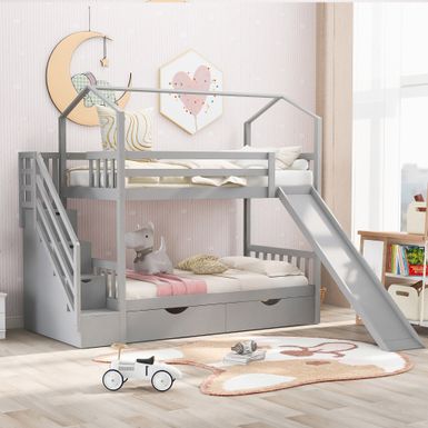 image of Nestfair Twin over Twin House Bunk Bed with Two Drawers and Slide - Grey with sku:b701dtmk-dq0xszi4qfxpqstd8mu7mbs--ovr