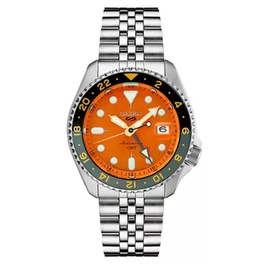 image of Seiko - Mens Seiko 5 Sport SKX GMT Series Silver-Tone Watch Orange Dial with sku:ssk005-powersales