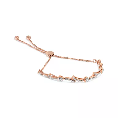 14K Rose Gold Plated .925 Sterling Silver Diamond Accent Heart and Wave Link Bolo Bracelet (I-J Color, I2-I3 Clarity) - 6" to 9" Adjustable