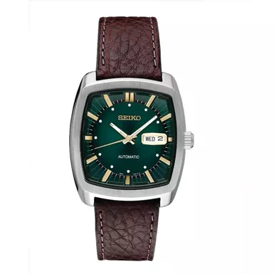 Seiko - Mens Recraft Automatic Brown Leather Strap Watch Green Dial