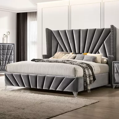 Transitional Fabric Upholstered King Panel Bed in Grey