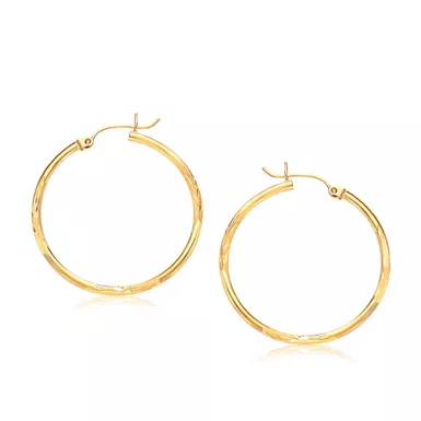 14k Yellow Gold Fancy Diamond Cut Slender Large Hoop Earrings (30mm Diameter)