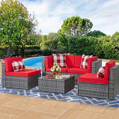 image of Shintenchi 5 Pieces Outdoor Patio Sectional Sofa Couch, Silver Gray PE Wicker Furniture Conversation Sets with Washable Cushions & Glass Coffee Table for Garden, Poolside, Backyard (Red) with sku:b09wf72pvh-shi-amz