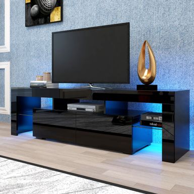 image of Nestfair Black TV Stand with LED Lights for TVs up to 70 Inches - Black with sku:oxsmij5vfz5cksqtlex59wstd8mu7mbs--ovr