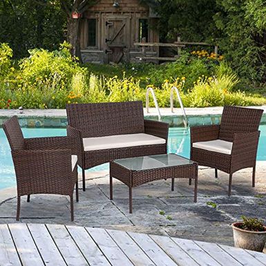 image of Shintenchi 4 Piece Outdoor Patio Furniture Sets, Small Wicker Patio Conversation Furniture Rattan Chair Set with Tempered Glass Coffee Table For Backyard Porch Garden Poolside Balcony, Brown with sku:b08522prfy-shi-amz